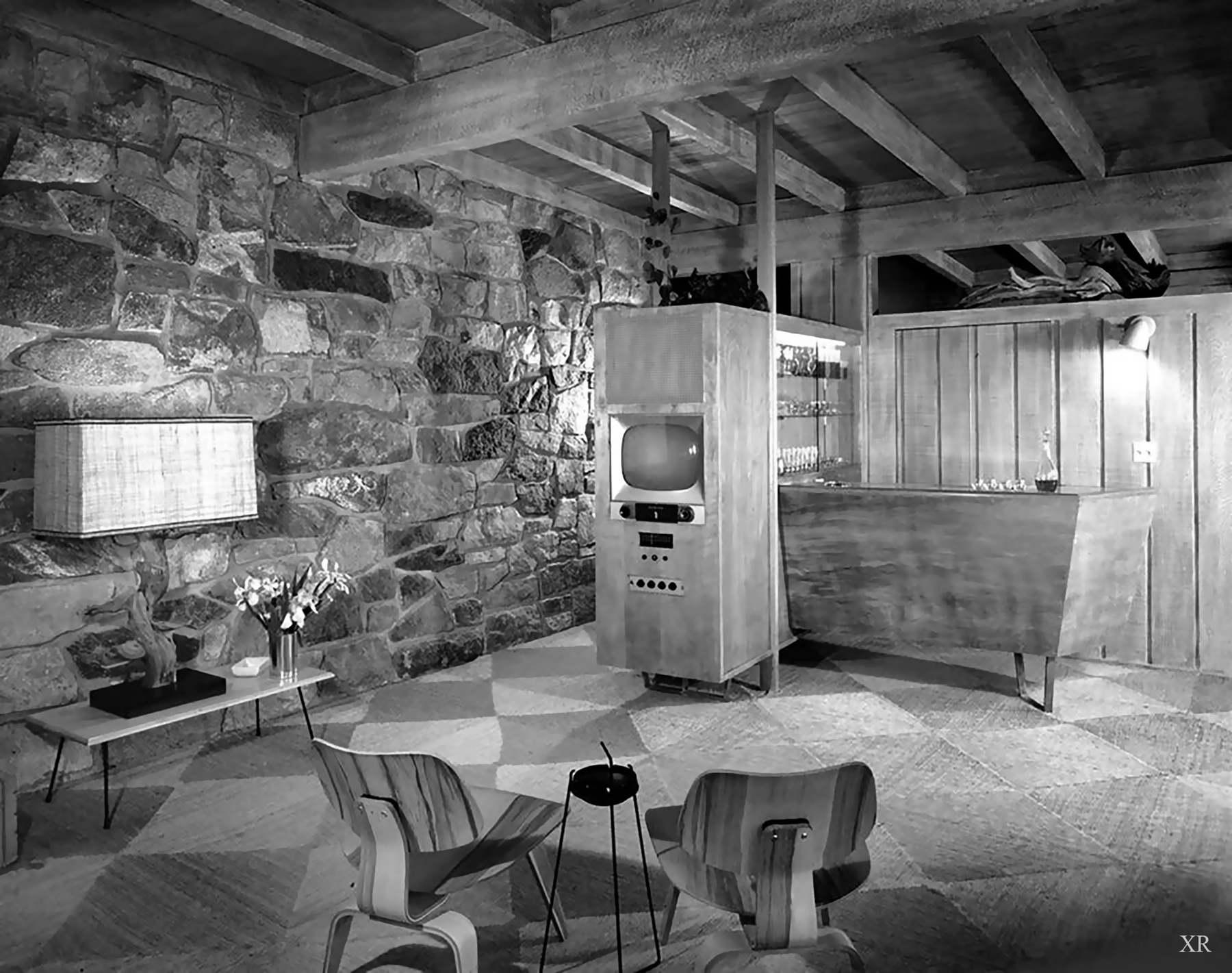 Basement rec room with bar, Eames LCW chairs, circa 1950s