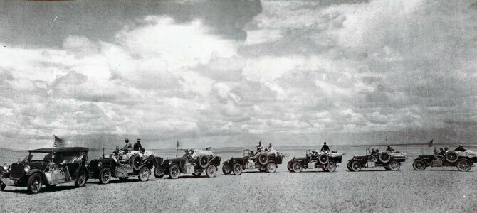 Roy Chapman Andrews' fleet of trucks on a Mongolian expedition